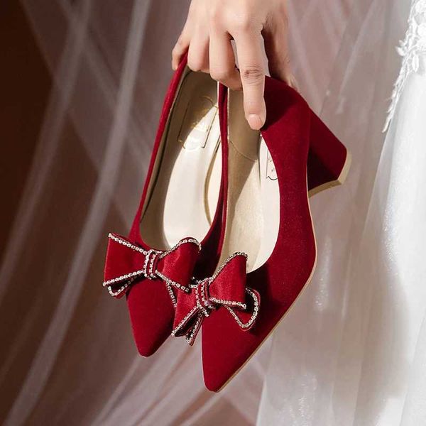 Chaussures habillées chaussures de mariage femmes talons épais 2024 nouveau printemps/été/automne rouge talon bas chaussures de mariée