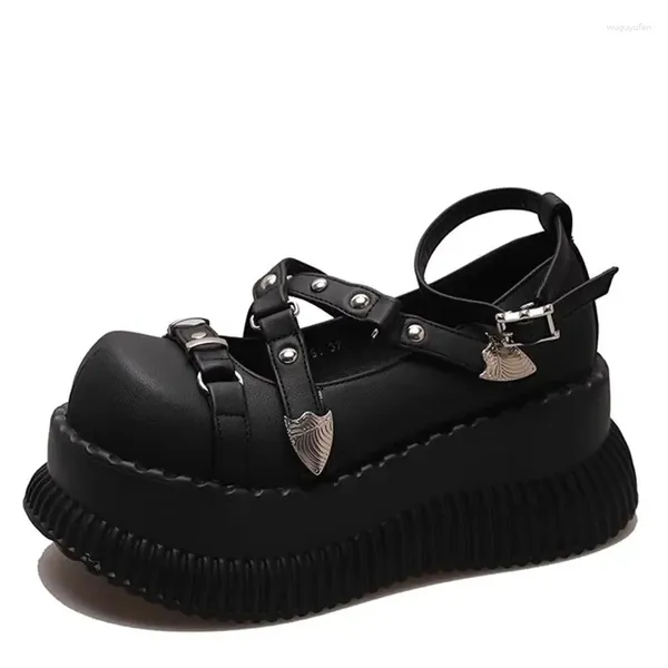 Zapatos de vestir cuña tacones altos 2023 mujeres estrellas de verano en plataforma punk gótico lolita mary jean negro