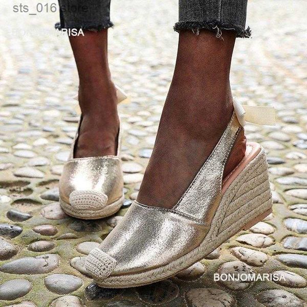 Chaussures habillées Sandales compensées pour femmes Mode Fermé Toe Bandage Espadrille Plate-forme Élégant Slingback Chaussures d'été À Lacets Or Métallique T230826