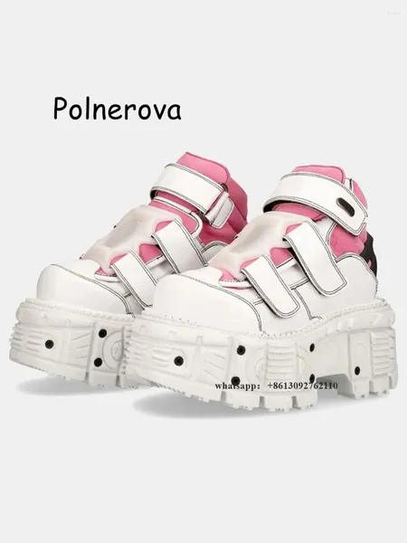 Zapatos de vestir Blanco y rosa Colores mezclados Bombas Remache Hook Loop Sujetadores de mujer Suela gruesa High Top Street Po Spring