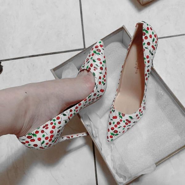 Zapatos de vestir Bombas de cereza blanca Tacones altos Tacón fino Versátil Punta única Poco profunda Marca dulce Mujer Zapatos Mujer