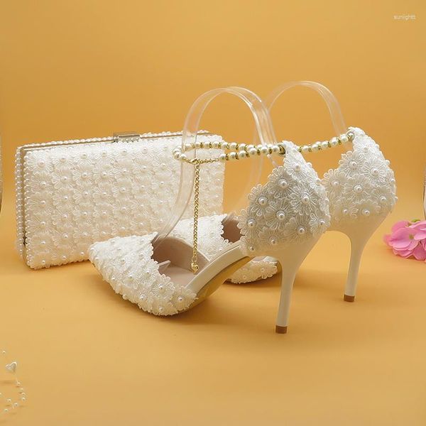 Robe chaussures blanc fleur mariage et sacs ensemble talons hauts bout pointu bride à la cheville dames chaussure de fête avec sac à main assorti à lacets