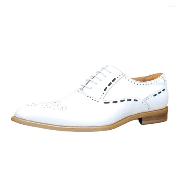 Zapatos de vestir Hombres de cuero genuino blanco Formal con cordones Oxford Punta puntiaguda Brogue de boda