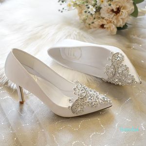 Chaussures habillées Blanc Talon Haut Pointu Stiletto Strass Satin Dentelle Femmes Banquet Demoiselle D'honneur Mariage Y02
