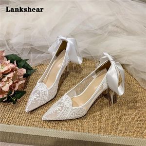 Dress Shoes White Lace Pointed-Toe High-Haked Wedding Bruidsmeisje Bride Design Hollow Heel Ribbon Fairy Style