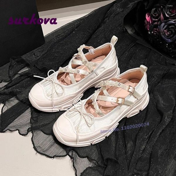 Chaussures habillées blanc perle ballet danse patchwork nœud front-strap soft semelle profonde pompes pour femmes solides été mary jane hollow