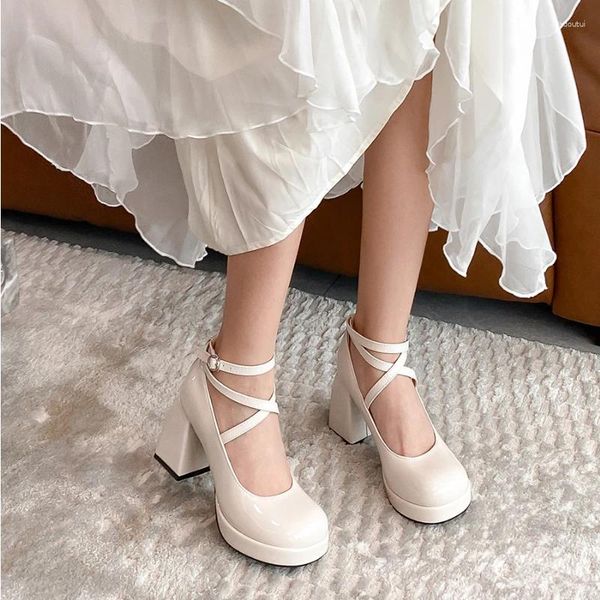 Zapatos de vestir Tacón grueso blanco Mary Jane para mujer Primavera Una línea Hebilla Plataforma Tacones altos Banquete Correa cruzada