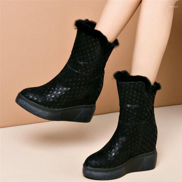 Chaussures habillées hiver mode baskets femmes en cuir véritable compensées pompes à talons hauts femme sans lacet chaud fourrure bottes de neige