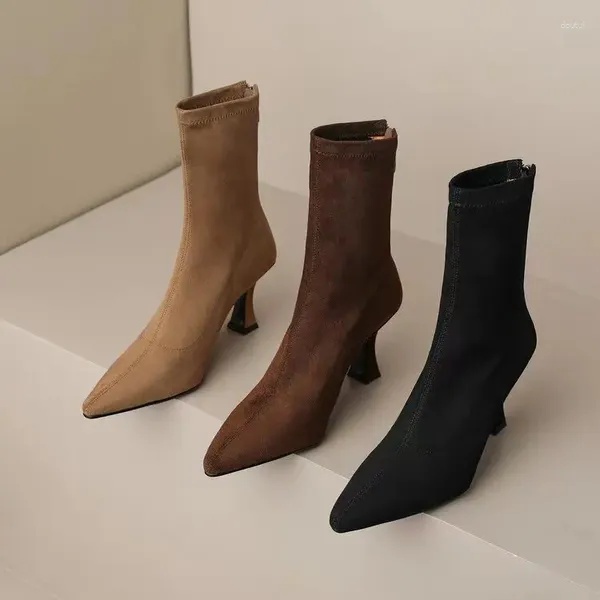 Zapatos de vestir de invierno para mujer, botines de tela elástica, botines cortos sexis con punta estrecha, calcetines de tacón alto para fiesta a la moda para mujer