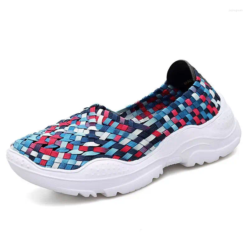 Dress Shoes Woman's Summer Big Size Elastic Woven Soft Sole Non Slip Breathable Light Slip-On Mom's Casual