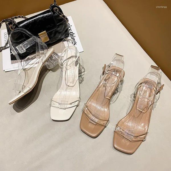 Zapatos de vestir Mujer Sandalias Verano Tacones altos Hebilla Claro PVC Transparente Señoras Sexy Punta cuadrada Playa Tobillo Correa Zapatillas Mujer