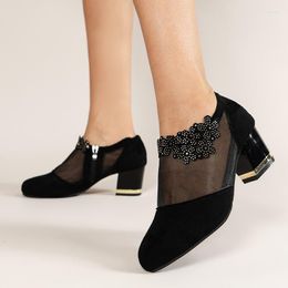 Chaussures habillées femmes maille talons hauts talon épais respirant bout pointu Faux strass sandales fermeture à glissière latérale chaussures