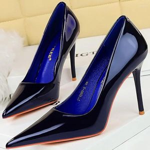 Robe chaussures femmes 9.5cm talons hauts pompes bleu royal bout pointu nu stiletto dame brillant en cuir verni discothèque sexy fétiche