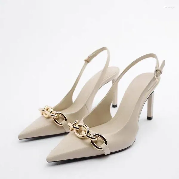 Zapatos de vestir Mujeres Beige Stiletto Tacones altos Moda Sandalias de cadena de metal Sexy Boca poco profunda puntiaguda 41 Tamaño Precio especial