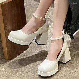 Chaussures de robe Femmes Bow Mary Jane Talons hauts 2024 Automne String Perle Lece Lolita Chunky Pompes élégantes Zapatos Para Mujer