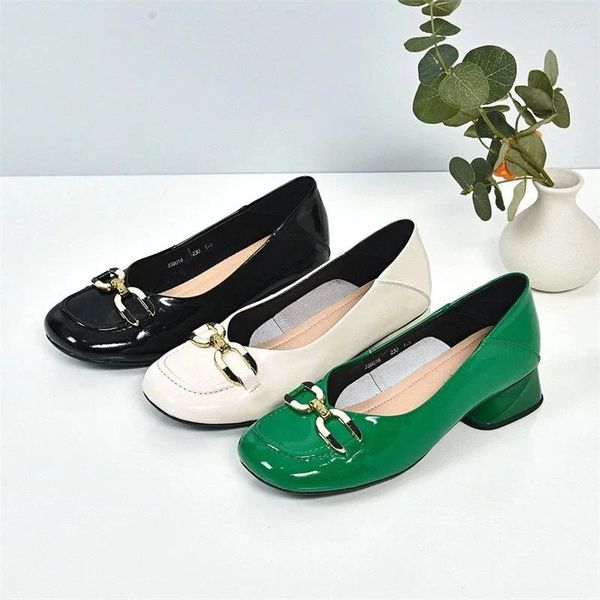 Robe chaussures femmes classique bout rond vert cuir verni printemps été sans lacet pompes à talons carrés dame mode noir haut e1084