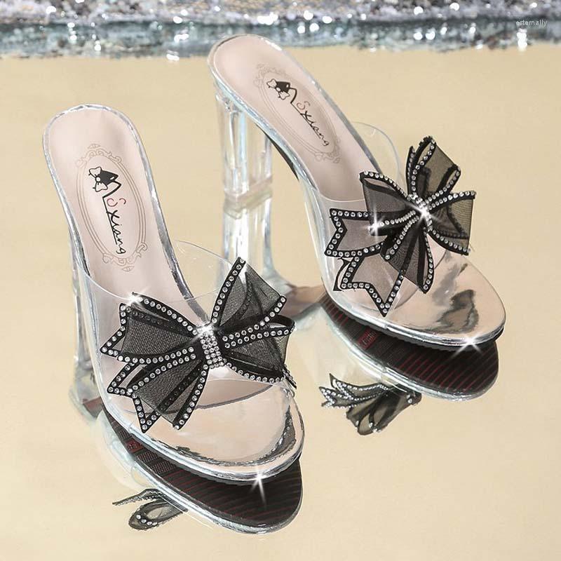 Dress Shoes Women Crystal Slippers 2023 Summer Chunky Heels Sandals Female Sexy Transparent Peep Toe High Fashion Party Bow Pumps