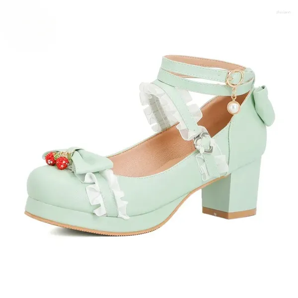 Zapatos de vestir Mujeres Lindo Lolita Cosplay Bow Mid Chunky Heel Heart Strap Plataforma Mary Jane Bombas Kawaii Sweet School Girl Fresa