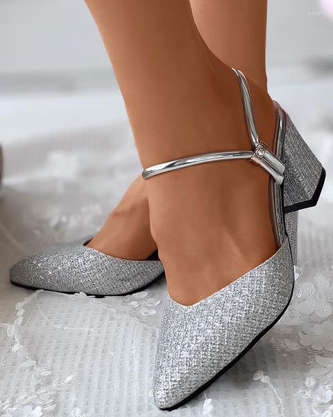Zapatos de vestir Mujer Moda Bling Tacón bajo Punta Punta Brillo Slingback Tacones gruesos Sandalias para invitados de boda