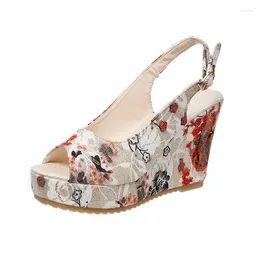 Dress Shoes Women Fashion Casual Summer Vintage Floral Print Peep Toe Wedge Slippers
