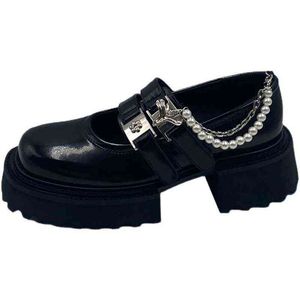 Jurk schoenen vrouwen mode kleine lederen veelzijdige vierkante teen platform loafers luxe parel ketting chunky hak sandalen 220322