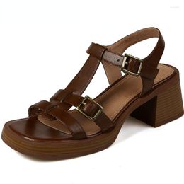 Chaussures habillées femmes gladiateur sandales été Vintage boucle t-strap véritable cuir PU talons épais bout ouvert pompes décontracté travail femme
