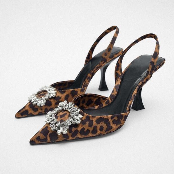 Zapatos de vestir para mujer, zapatos de tacón alto 2023 ZA, zapatos de verano con diamantes de imitación puntiagudos y estampado de leopardo, sandalias de tacón de aguja a la moda, zapatos transparentes para mujer