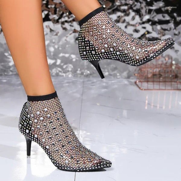 Zapatos de vestir Mujeres Hollow Out Sandalias completas Rhinestone Malla Verano Tobillo Botas Puntiagudas Moda Sexy Calcetines Cool Cowboy Primavera Otoño