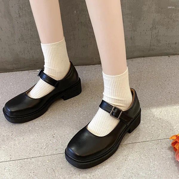 Robe chaussures femmes style japonais lolita rétro talon épais chaussure en cuir boucle tête carrée pompes de couleur unie sapatos feminino