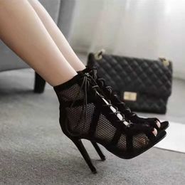 Dress Shoes Women Lace Up Mesh Heels Summer Open Teen Tie Up Sandals Ladies Stiletto Strappy Hoge Heel Wrap Fashion High Top Dance Shoes G230130