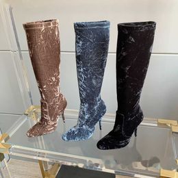 Chaussures habillées femmes bottes longues femmes bottes en velours bout rond femmes bottes femmes chaussures sexy talons hauts en cuir véritable botte longue