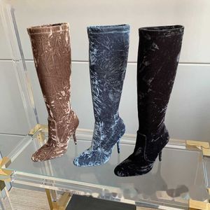 Zapatos de vestir para mujer, Botas Largas, botas de terciopelo para mujer, botas de punta redonda para mujer, zapatos de mujer, tacones altos sexis, bota larga de cuero genuino