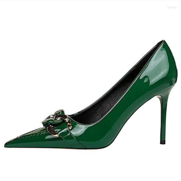 Zapatos de vestir para mujeres de metal de corte bajo bombas verdes de cuero tacones de cuero 9.5 cm delgados de tacón altos con costura 43-34 24 cm Sexy DE