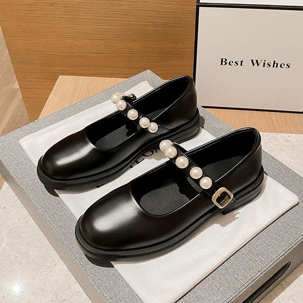 Zapatos de vestir para mujeres tacones bajos de 3 cm Pombas de punta redonda Mary Jane JK Cosplay Tacón cuadrado Pearl Leather Flats A26-54