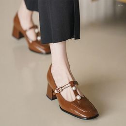 Zapatos de vestir para Mujer, tacones medios, Marie Jane, 2023, sandalias de otoño, zapatos de diseñador con punta cuadrada gruesa, zapatos de tacón poco profundos para Mujer