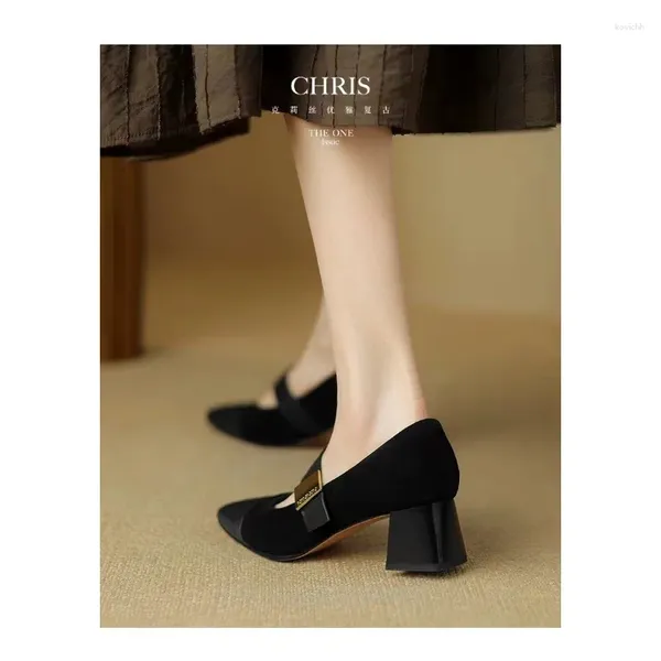 Chaussures habillées Femmes Nature Suede talons hauts hauts 2024 Spring Black Abricot Square Toe Pumps Elegant Lady Metal Decoration