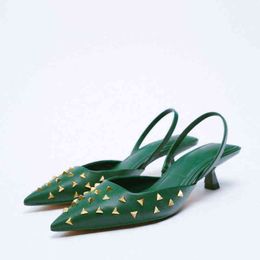 Chaussures habillées femmes nouveau automne printemps vert Mule nez pointu Lowheel élégant mariage avec Rivet décoration chat talons 220714