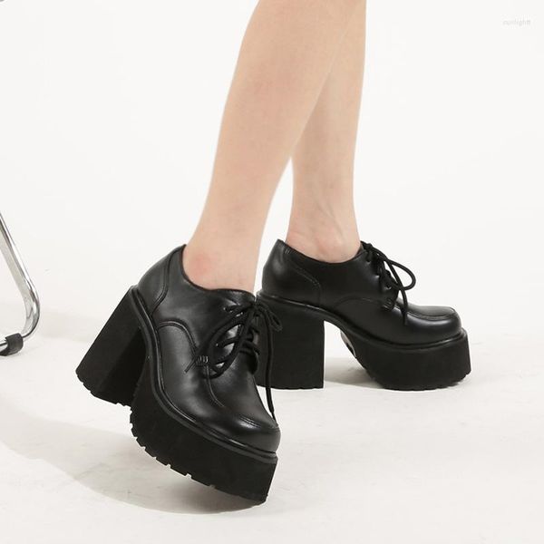 Zapatos de vestir para mujer, zapatos de tacón con plataforma, mocasines de tacón grueso con cordones de 10cm, tacones altos para mujer, oficina, gótico, Punk, Cosplay de talla grande 43