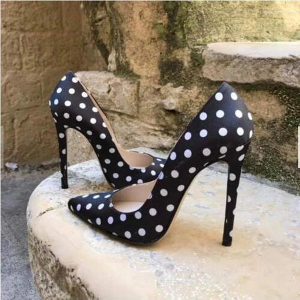 Zapatos de vestir Mujer Lunares Tacón alto Satén negro Punta estrecha Tacones de aguja poco profundos Bombas 12 CM 10 CM 8 CM Tamaño 46