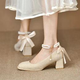 Dress Shoes Women Pumps 2024 French Pearl Buckle Middle Heel Square toed Single Female Bow Mary Jane Dames Hoge hakken