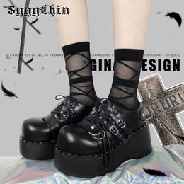 Jurk Schoenen Vrouwen Pompen Mary Jane Derby Metalen Decoratie Platform Platte Hak Vrouwelijke Schoenen Dames Wedge Lolita Gothic Harajuku Punk Schoeisel 230830