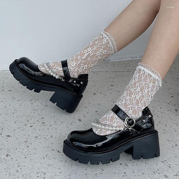 Zapatos de vestir para mujer, zapatos de tacón Mary Jane Lolita, plataforma de tacón grueso, cadena de perlas, sandalias para mujer, moda femenina, punta redonda negra, chica universitaria