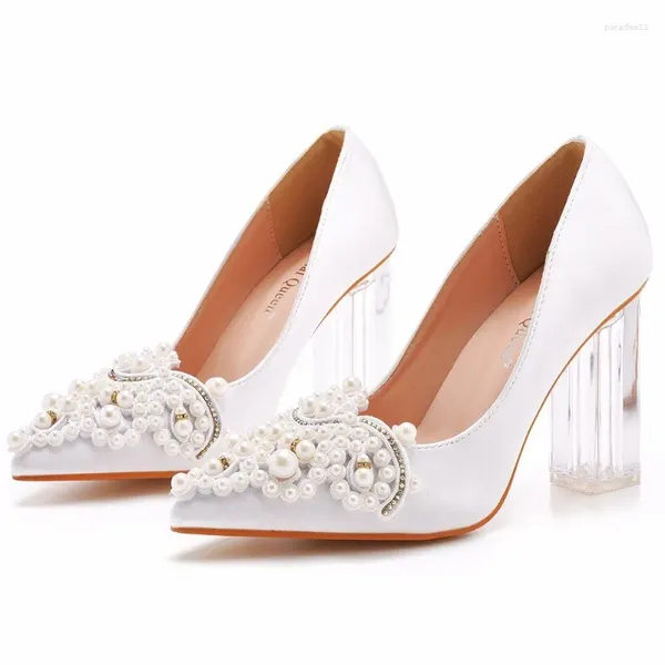 Robe chaussures femmes pompes fête bal bout pointu chaîne perle slip-on soie 9cm talon carré formel style japonais chaussure de mode blanc