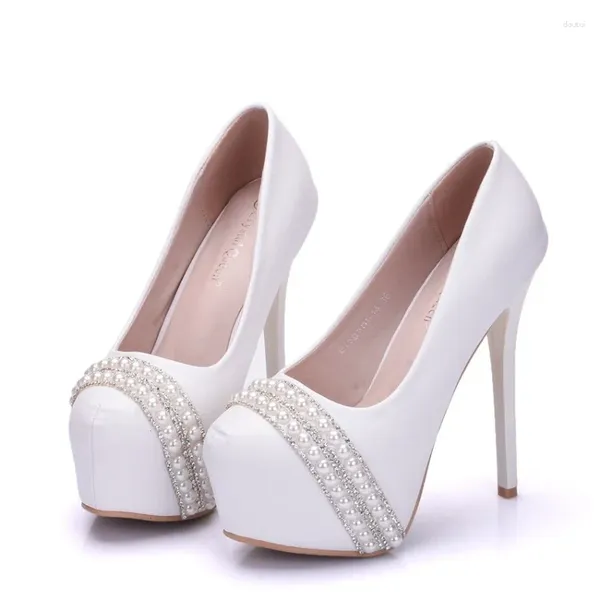 Robe chaussures femmes pompes bout pointu chaîne perle slip-on pu 14cm talons fins fête bal mature banquet mariage dames sexy