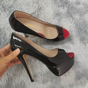 Geklede schoenen dames pumps sexy platform peep toe 14 cm extreem dunne hoge hakken stiletto lakleer mode feest nachtclub trouwschoenen 230830