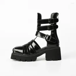 Zapatos de vestir para mujer 2024 Cuadrado de verano de punto transpirable suela gruesa botas altas ahuecadas sandalias de gladiador romano