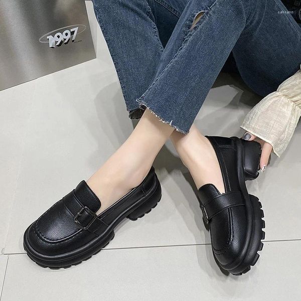 Zapatos de vestir de otoño para mujer, zapatos de tacón con parte inferior de esponja, mocasines sin cordones con punta redonda, plataforma para mujer, tacón medio sólido, bomba para mujer