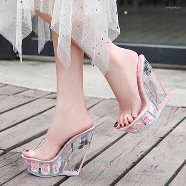 Zapatos de vestir para mujer tacones altos altos de cristal flores de cuña transparente moda sexy tacón 4 cm plataforma wz