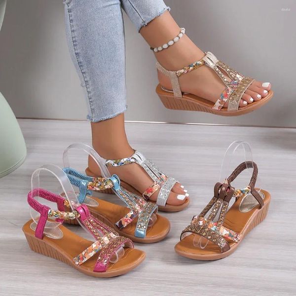 Robe chaussures femmes confortable lâche bas sandales compensées à la mode loisirs vacances été brillant élastique bout ouvert