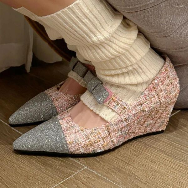 Chaussures habillées Costume Femme Tweed Paillettes Patchwork Slip-on Mary Jane Pompes Wedge Bout Pointu Doux Noeud Papillon Style Coréen Talon 33